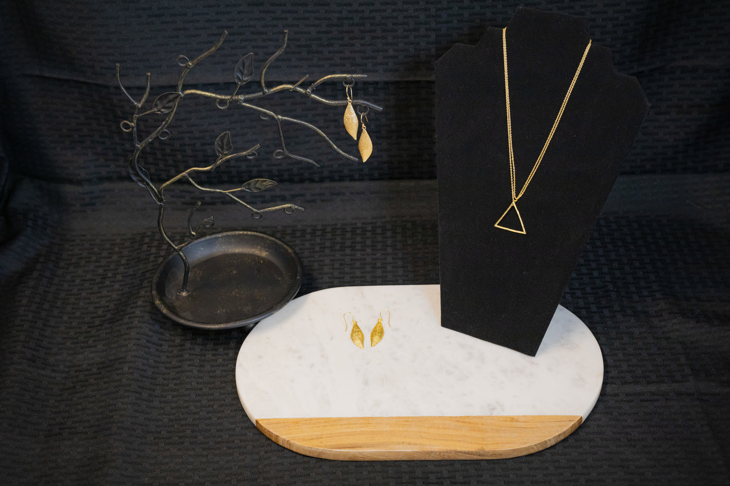 Golden Tears Earrings and Trinity Chain Necklace