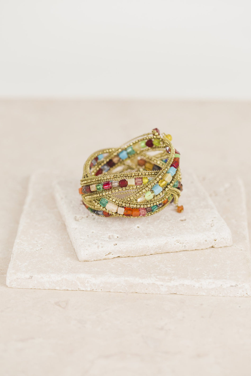 Handmade Gold Multi-color, Multi-layer Beaded Bracelet 